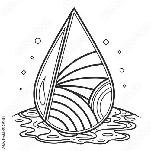 Monochrome line art illustration of a water droplet containing a stylized landscape, symbolizing nature's purity and environmental harmony