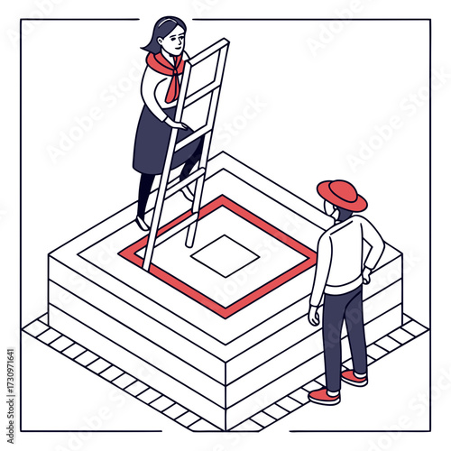 Isometric concept of a businesswoman climbing a ladder to escape a boundary, symbolizing career growth, overcoming obstacles, and breaking barriers