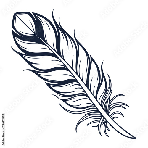 Elegant black and white feather illustration in a classic engraving style. A single, detailed plume symbolizing lightness and flight