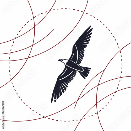 Minimalist Seagull in Flight Illustration with Circular and Wavy Lines