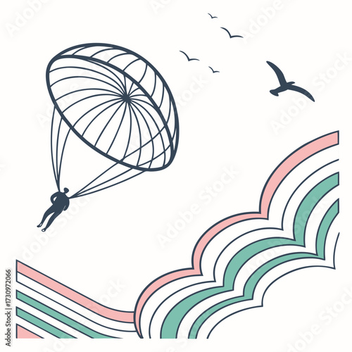 Experience the ultimate thrill of a skydiving adventure, a symbol of freedom and courage, as a lone figure gracefully descends under a parachute against a serene open sky