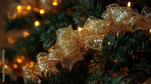 Gold ribbon bows on Christmas tree close-up