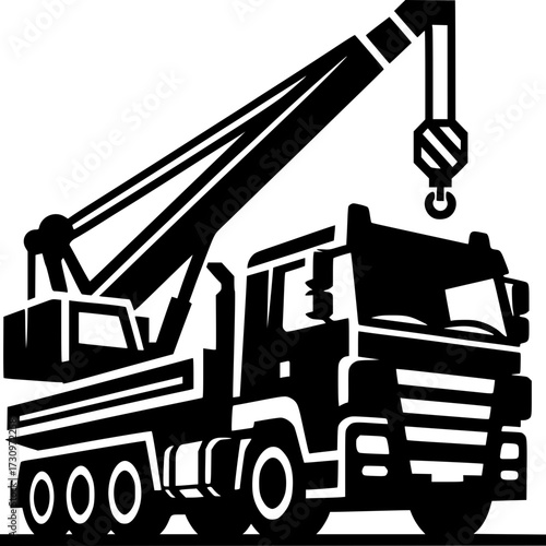 Industrial Crane Truck Silhouette: A dynamic illustration captures a robust crane truck, showcasing its sturdy frame and operational mechanism, poised for lifting heavy loads with precision. 