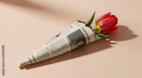 Wallpaper Mural A single tulip flower wrapped in newspaper against a soft beige background. Torontodigital.ca
