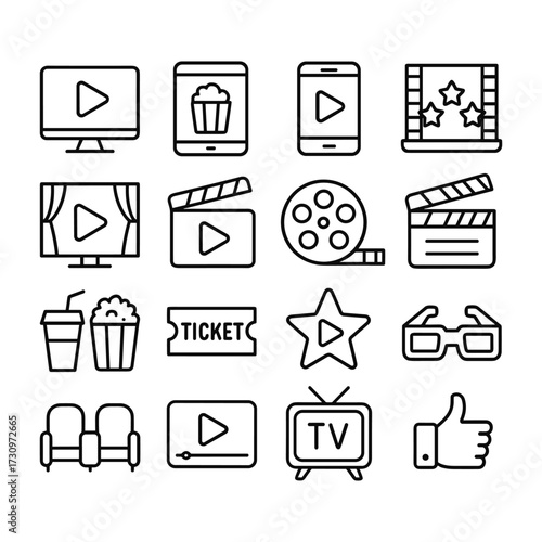 Digital cinema and movie streaming icons collection. Outline symbols. Line design