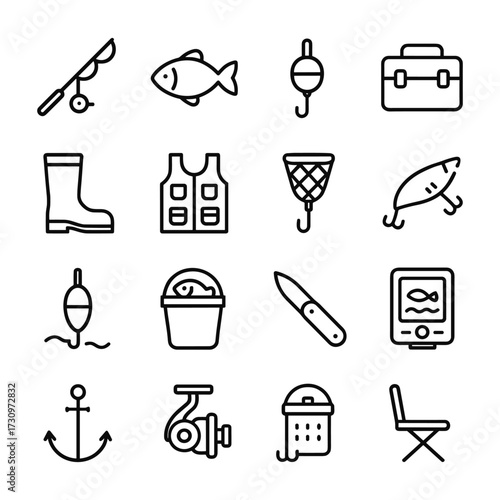 Fishing tackle and gear vector icon set. Outline symbols. Line design