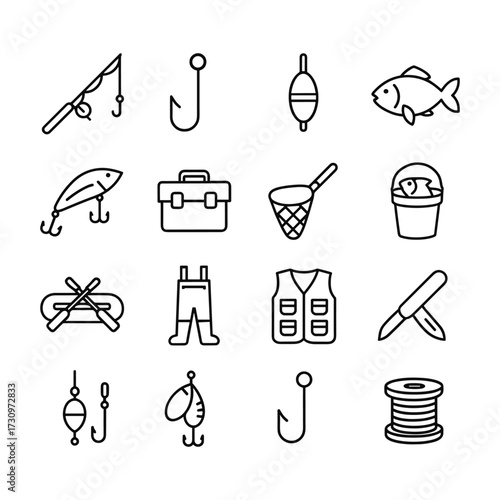 Professional fishing tools and tackle icons. Outline symbols. Line design