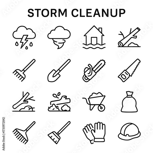 Disaster cleanup and property restoration icons. Outline symbols. Line design