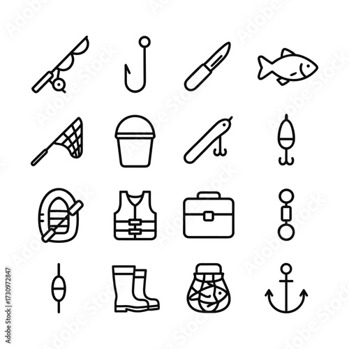 Angling and recreational fishing icon collection. Outline symbols. Line design
