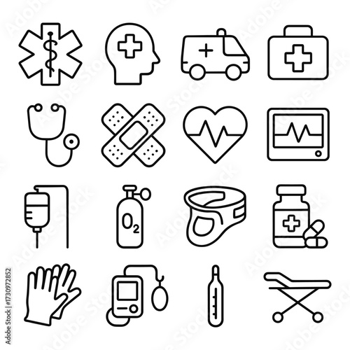 Medical emergency and ambulance service vector icons. Outline symbols. Line design