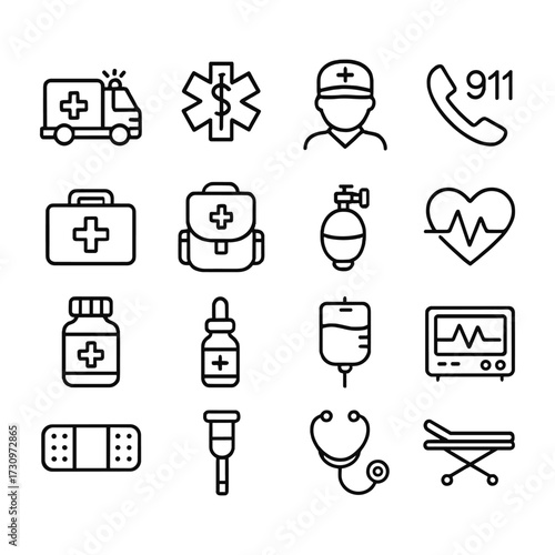 Emergency medical treatment and rescue service icons. Outline symbols. Line design