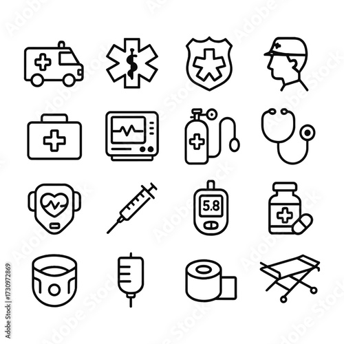Healthcare emergency response and first aid icons. Outline symbols. Line design