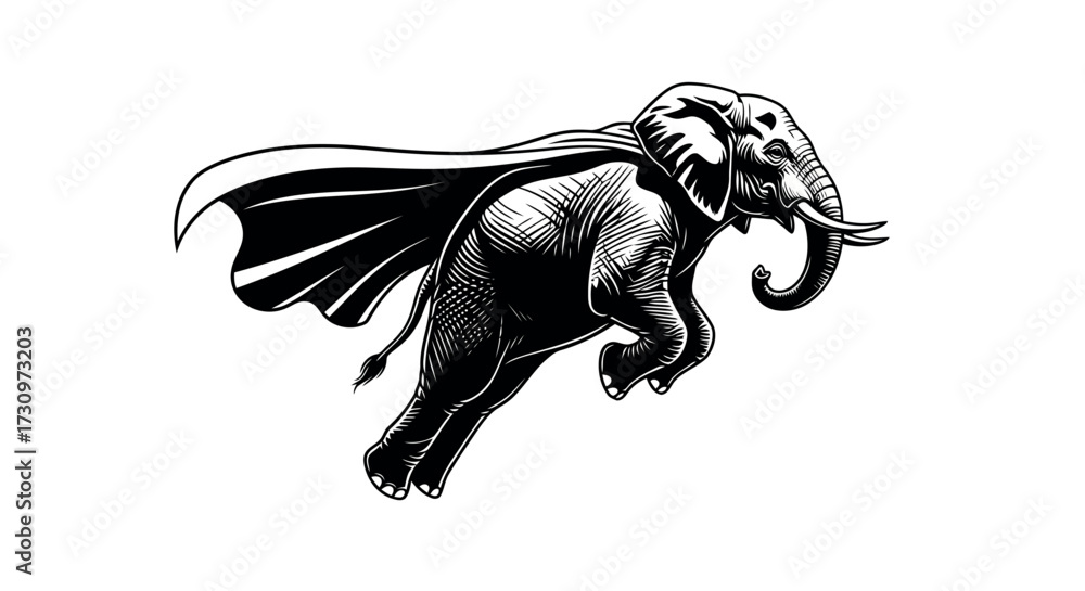 Obraz premium Black and white illustration of a superhero elephant with a flowing cape in mid-air on a white background