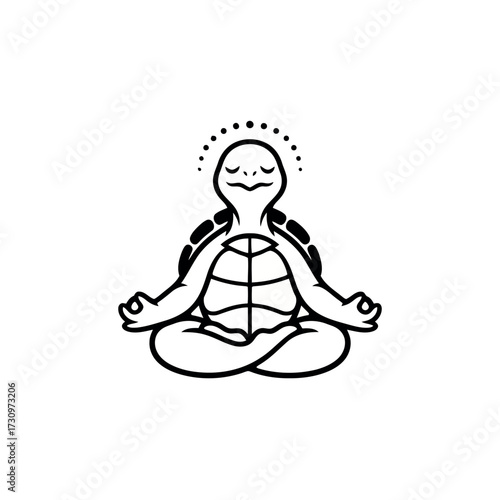 Black and white illustration of a turtle meditating in a lotus position with a halo of dots tortoise