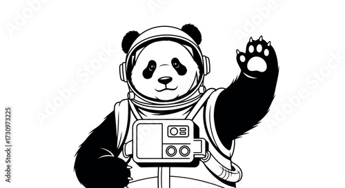 Black and white illustration of a panda wearing an astronaut helmet and suit, waving with its paw bear