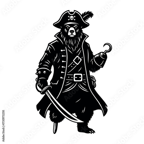 Black silhouette of a bear dressed as a pirate with a sword and hook on a white background black and white