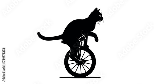 Black silhouette of a cat riding a unicycle on a white background feline animal