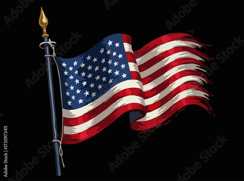 Vector design with drawing
of torn national flag of usa is fluttering in wind. 
Fashion t-shirt print. American pattern 
of stars and stripes for textiles, fabric, clothing.