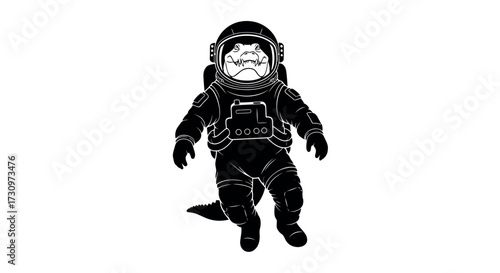Black Silhouette of an Alligator in an Astronaut Suit with a Helmet and Backpack on a White Background Keywords: alligator, reptile, astronaut, space suit, helmet, backpack, silhouette, black and