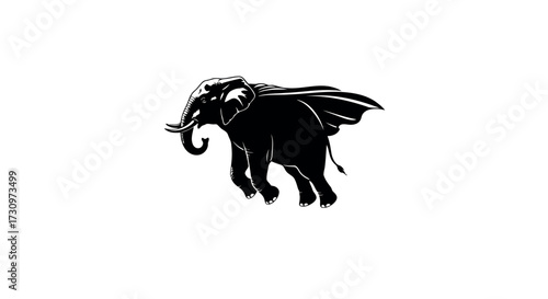 Black silhouette of an elephant with a cape walking on a white background animal