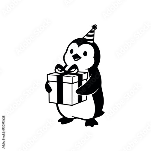 Cute cartoon penguin wearing a party hat holding a wrapped gift with a bow on a white background animal