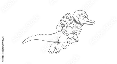 Outline Drawing of an Alligator in an Astronaut Spacesuit Floating in Space on White Background crocodile