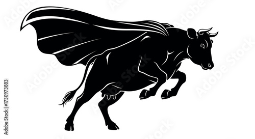 Silhouette of a black cow wearing a superhero cape jumping with a determined expression on a white background