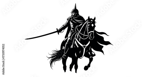 Silhouette of a medieval warrior on horseback holding a sword knight cavalry