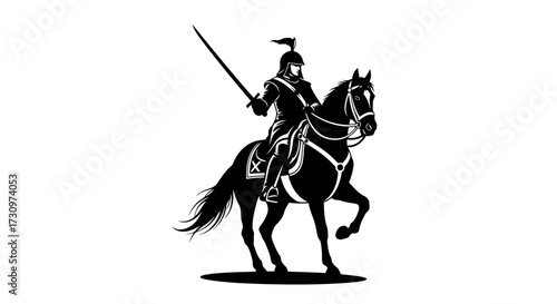 Silhouette of a knight on horseback holding a sword with transparent background rider