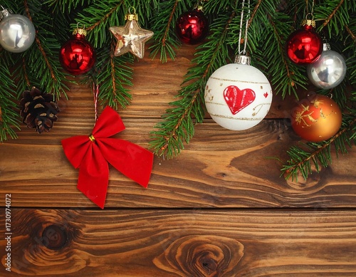 Christmas ornaments on wooden planks