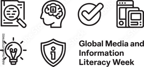 Global Media Information Literacy Week icon set, modern outline style