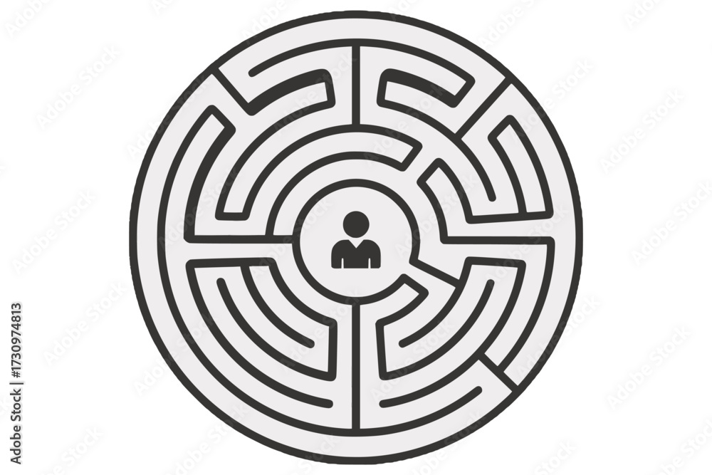 Fototapeta premium A clean line-art circular labyrinth framing a small human figure at the center. It conveys guidance, unity, and finding a path, suitable for business, education, and tech topics