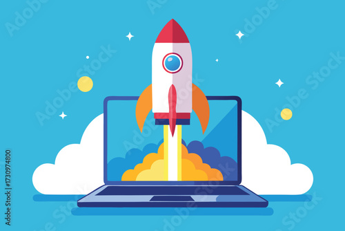 Rocket Launch From Laptop Screen Inspires Digital Startup Energy And Space Exploration In Blue Background Illustration