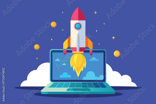 Rocket Launch From Laptop Screen Inspires Digital Startup Energy And Space Exploration In Blue Background Illustration