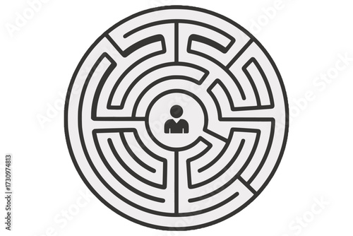 A clean line-art circular labyrinth framing a small human figure at the center. It conveys guidance, unity, and finding a path, suitable for business, education, and tech topics