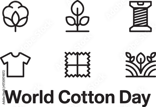World Cotton Day icons set, textile plant to finished fabric product, natural fiber production