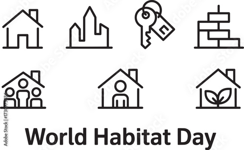 World Habitat Day, Shelter, Housing, Property, Sustainable Living, Urban Development Line Icons