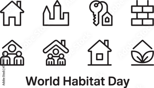 World Habitat Day, Shelter, Housing, Property, Sustainable Living, Urban Development Line Icons