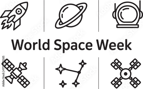 World Space Week line icons: rocket, planet, astronaut helmet, satellite, constellation, orbit