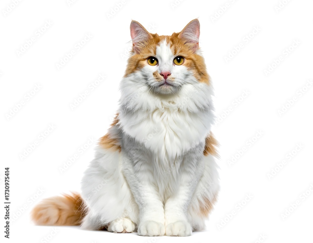 Fototapeta premium Orange and white fluffy cat sitting