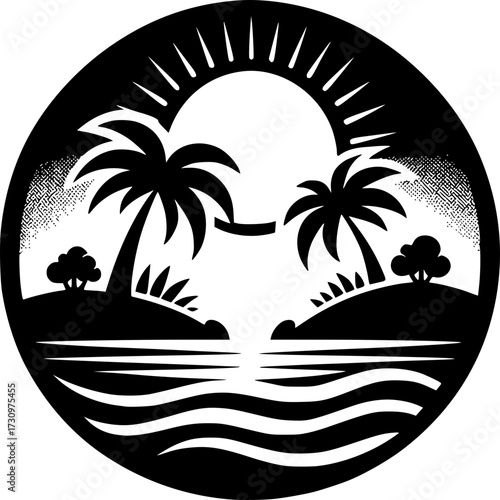 Tropical Paradise: A mesmerizing monochrome illustration, showcasing a tropical island scene with the sun's embrace, gentle waves, and swaying palm trees, creating a serene and tranquil visual.