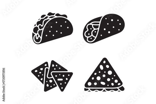 Simple black silhouette icons of tacos and nachos