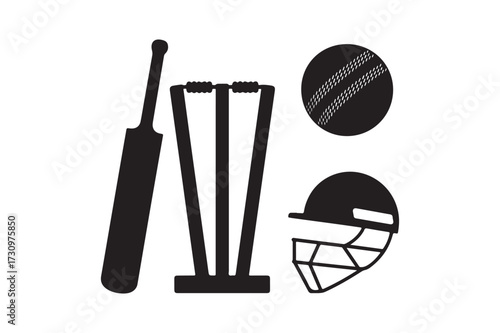 Cricket equipment silhouette icons bat ball wicket and helmet