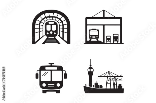 Wallpaper Mural Set of four black and white transportation icons including a train bus and ship Torontodigital.ca