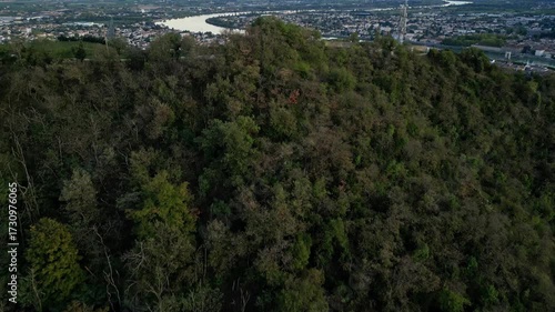 Aerial and scenic view of Tain Hermitage town with the winding Rhône River and lush vineyards at sunset in France’s renowned Rhone Valley wine region