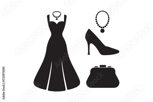 Elegant black evening gown with accessories
