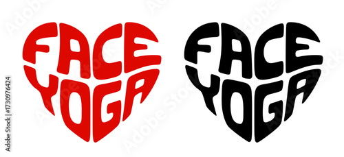 Heart-shaped sticker set featuring "FACE YOGA" in colorful and black design. Set of exercises for the face to eliminate signs of stress and aging