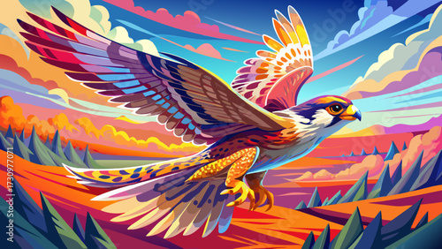 Celebrate the speed of a falcon diving through open skies, blending realism with impressionist hues, each wing stroke a burst of color, movement, energy, precision, freedom, beauty, and artistry.