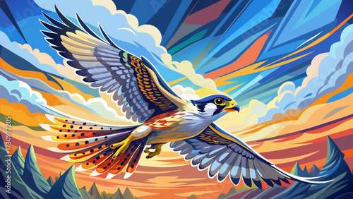 very beautiful Celebrate the speed of a falcon diving through open skies, blending realism with impressionist hues, each wing stroke a burst of color, movement, energy, precision, freedom, beauty,