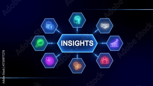 Digital network of glowing neon icons representing business insights data analysis strategy growth teamwork finance and innovation on a dark blue background with connecting lines and a central